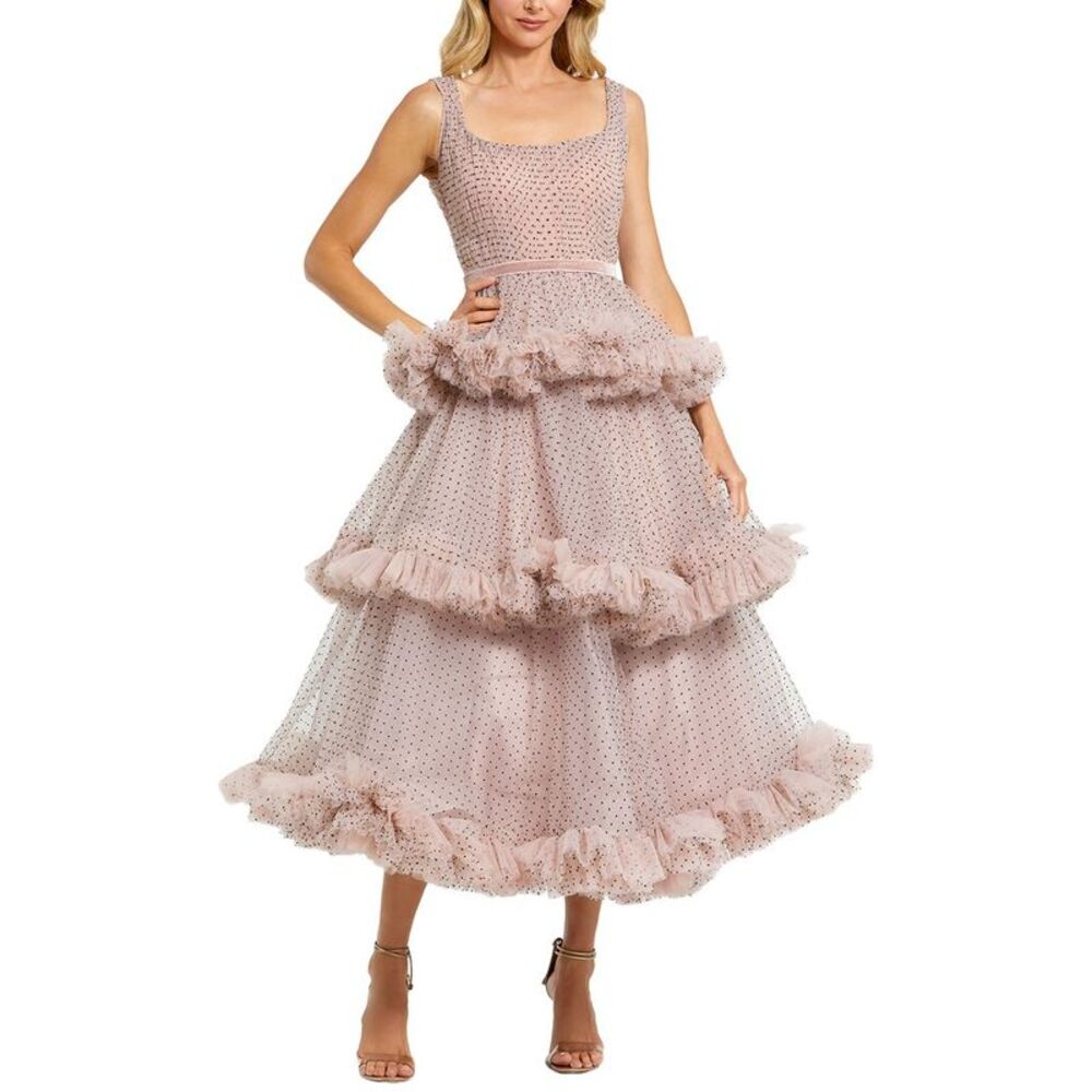 Mac Duggal Dusty Rose Polka Dot Tiered Tulle Maxi Dress